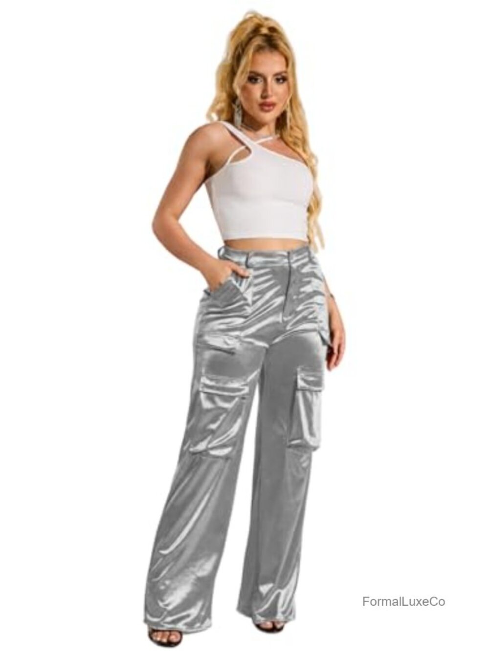 High Waisted Satin Cargo Pants Loose Fit Wide Leg Trousers with Pockets